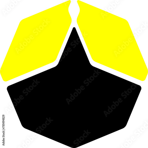 Shield logo in yellow at the top and black at the bottom
