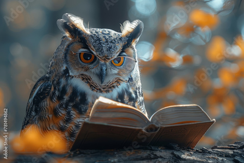 A wise owl perched on a branch, wearing glasses and reading a book under the shade of a tree in a peaceful forest, surrounded by the tranquility of nature.  Generative Ai.