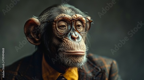 Intelligent chimpanzee in glasses and suit photo