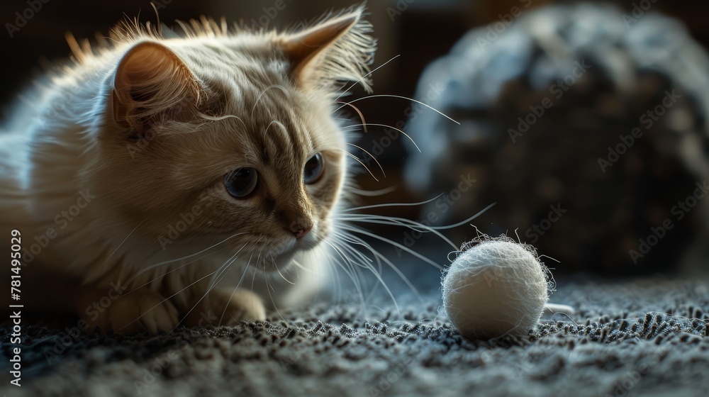   A close-up of a cat engaged in play with a ball of yarn on the floor, alongside an additional ball of yarn