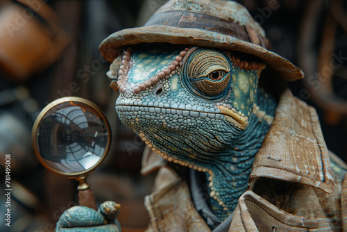 A chameleon disguised as a detective, wearing a trench coat and fedora, sleuthing through the city streets with a magnifying glass in search of clues to solve a mysterious case.  Generative Ai. photo