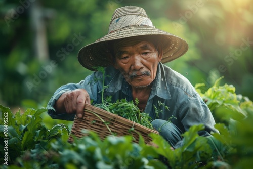 Contadino asiatico intento a raccogliere verdure da terreni biologici, sottolineando il legame uomo-natura e l'importanza della coltivazione sostenibile photo