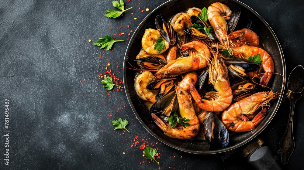 Cooked shrimp with herbs and spices in a pan on a dark background with copy space. Top view Cooked shrimp with herbs and spices in a pan on a dark background with copy space. Top view
