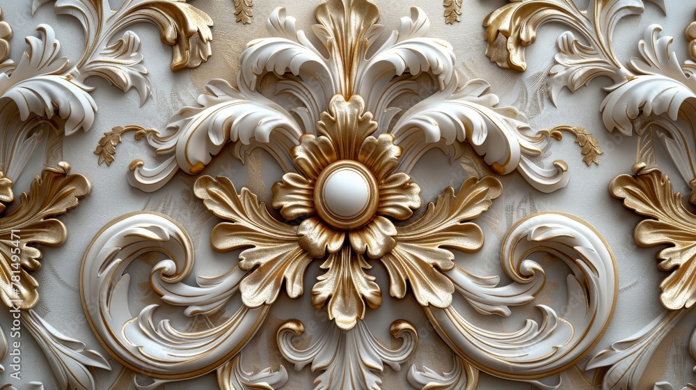 Close-up of elegant baroque style ornamental relief in gold and white