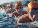 A group of young swimmers wearing orange swim caps are in the water. Scene is energetic and competitive, as the swimmers are likely preparing for a race or practice