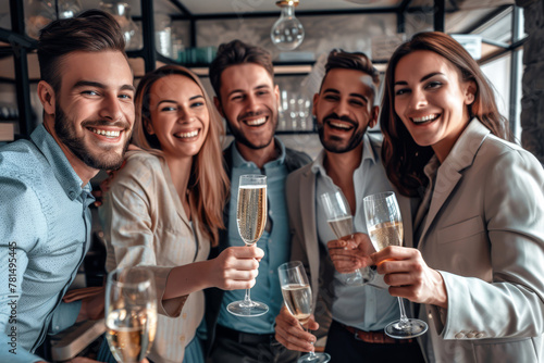 Gruppo di imprenditori felici e soddisfatti che celebrano il successo della propria attività, con champagne e sorrisi radiosi photo