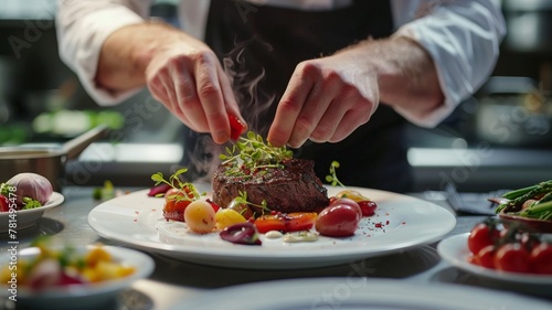 A chef carefully places microgreens on a plate with a steak and vegetables.