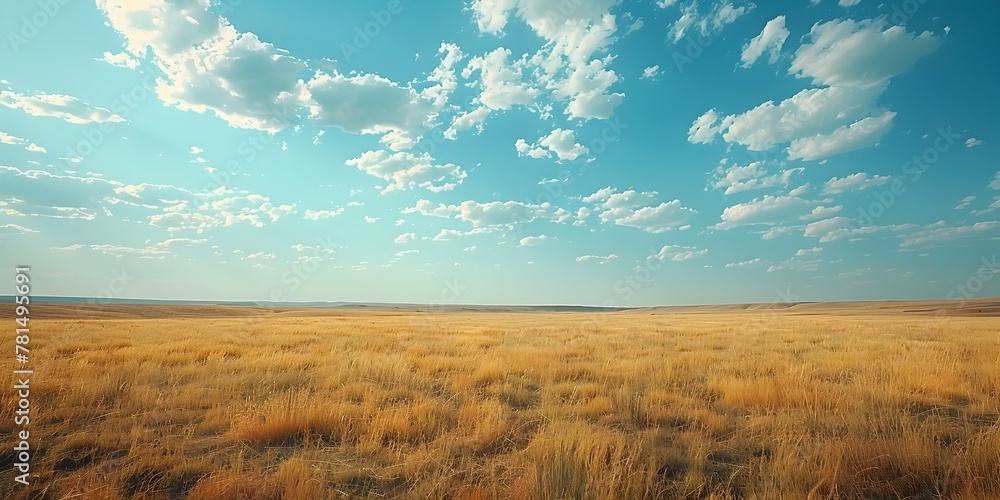 Fototapeta premium Boundless Prairie Beneath a Vast Sky Serene Landscape Stretching to the Horizon
