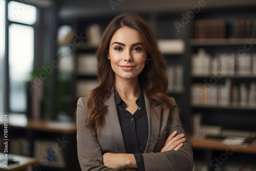 Professional Business Woman standing in her office over a blur background.