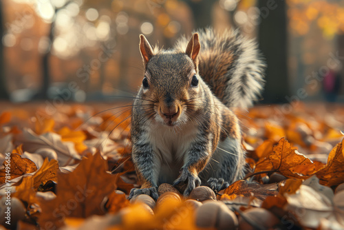 A playful squirrel collecting acorns in a bustling park, darting through the trees with agile grace and nimble movements, storing away food for the winter months ahead.  Generative Ai. © Sebastian
