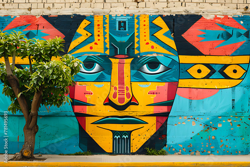 A striking street art mural featuring a colorful, abstract tribal face painted on an urban wall photo