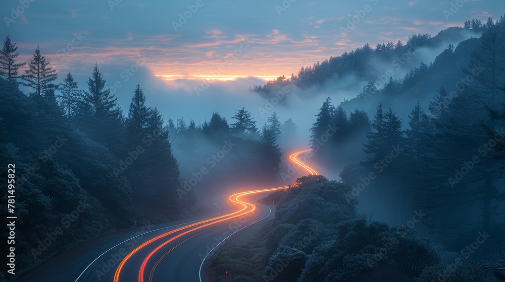 Twilight serenity on a winding mountain road - obrazy, fototapety, plakaty 