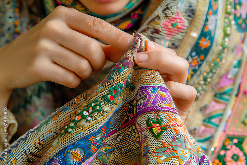 Detailed of skilled hands performing traditional Central Asian embroidery Detailed of skilled hands performing traditional Central Asian embroidery
