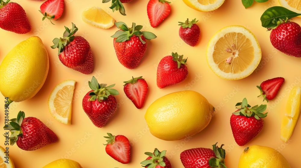 lemon, pineapple, strawberry top view, summer background, international fruits day