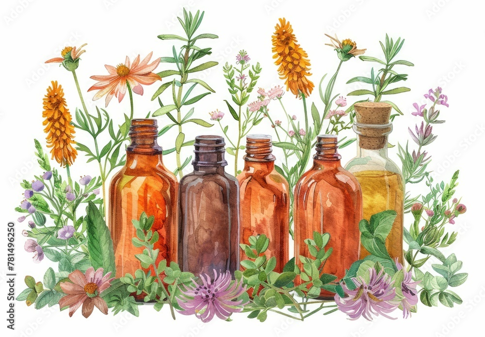 An artistic watercolor illustration of vintage bottles surrounded by various blooming herbal flowers. - obrazy, fototapety, plakaty 