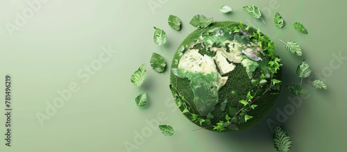 A green planet with leaves surrounding it. The leaves are scattered around the planet  some are on the ground and others are on the surface of the planet. Concept of growth and renewal