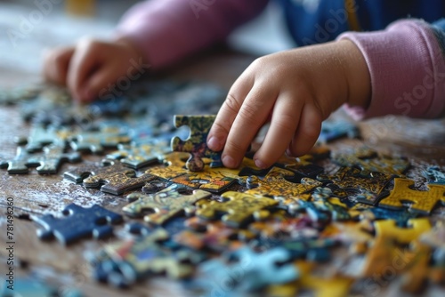 A child solving  jigsaw puzzle representing problem-solving skills, AI generated