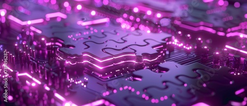 Puzzle of quantum computer on violet, soft backlight, wide angle, exploring AI is limitless potential