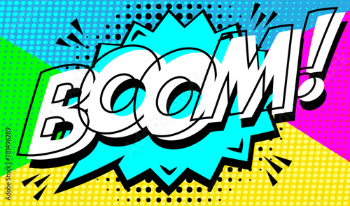 Boom depicted in bold colors pop art style with yellow and blue sunburst background  reminiscent of classic comic book exclamations