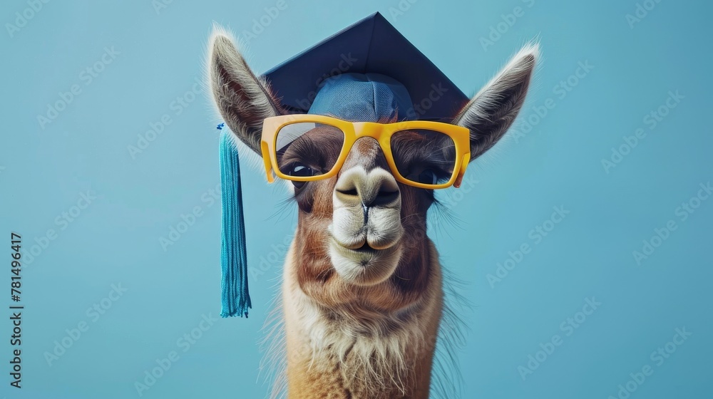 Obraz premium Celebrate milestones with our scholarly llama! Graduation cap, blue backdrop, front view. Perfect for proud moments
