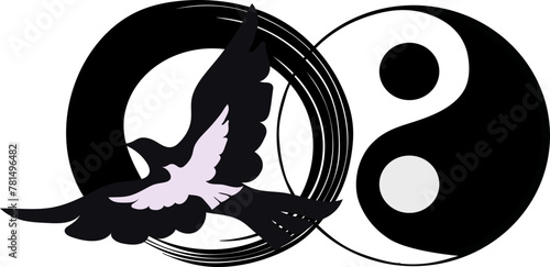 Ensō, a sacred Zen Buddhism symbol “The Circle of Enlightenment with two birds on top, one dark grey and a smaller white one, ” flowing into yin and yang symbol, vector drawing of a unique tattoo 