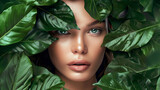 Primo piano sul visto di una bella donna adornato con lussureggianti foglie verdi. Concetto di trattamenti naturali di bellezza e cura della pelle
