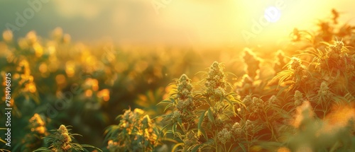 Sunrise over cannabis field, golden light, hope and new beginnings photo