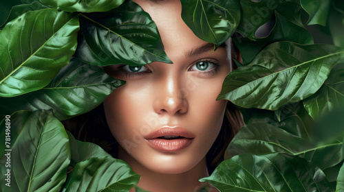 Primo piano sul visto di una bella donna adornato con lussureggianti foglie verdi. Concetto di trattamenti naturali di bellezza e cura della pelle photo