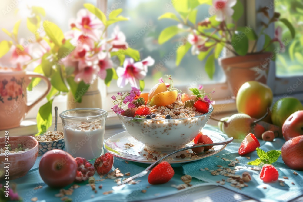 Colazione nutriente e colorata, con yogurt greco, frutta fresca e cereali integrali Colazione nutriente e colorata, con yogurt greco, frutta fresca e cereali integrali