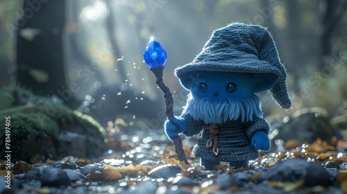 Wizard blueberry with crystal staff, swirling magic, ancient forest, twilight