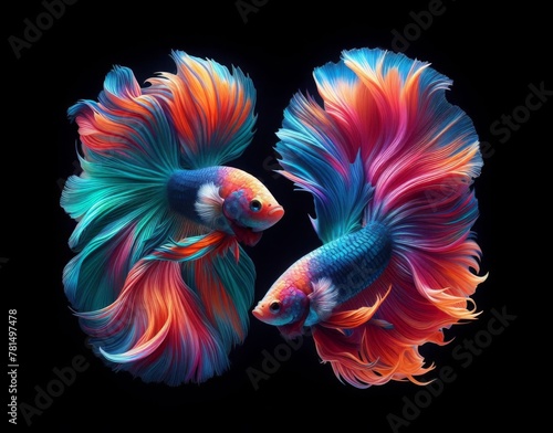 Fighting fish move gracefully and calmly on a dark background.