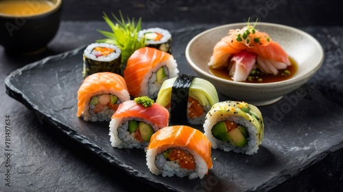 a plate of sushi rolls on a wooden table