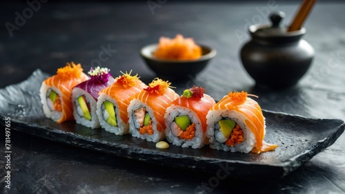 a plate of  sushi rolls on a wooden table