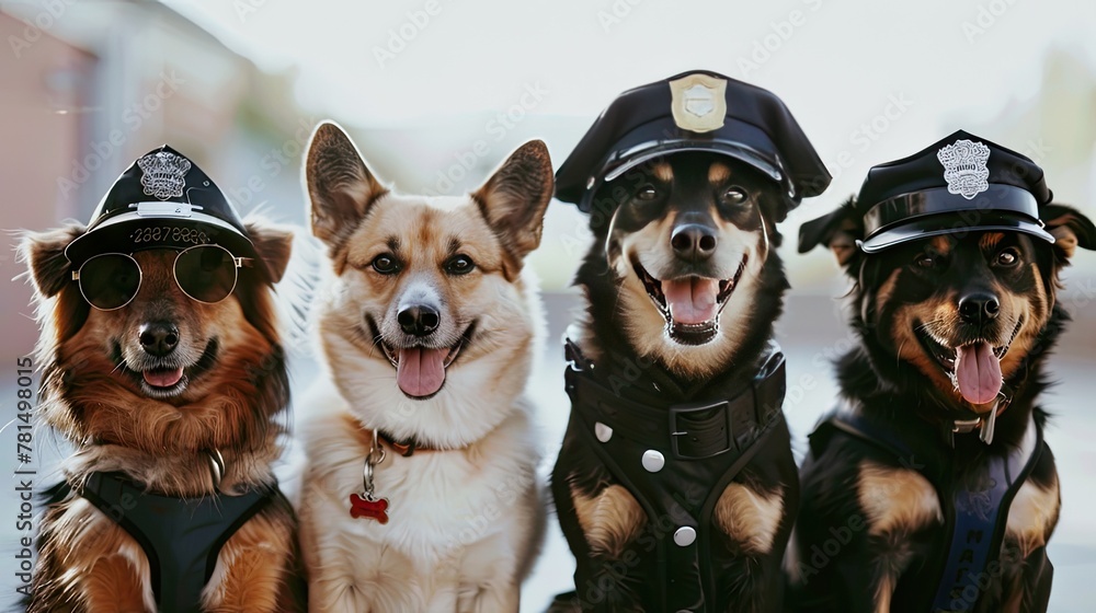Dogs don police outfits on white background. Adorable law enforcers to melt your heart. - obrazy, fototapety, plakaty 