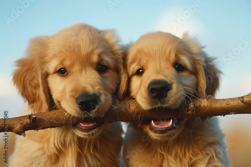 Due cuccioli di golden retriever di linea americana fissano divertiti la telecamera mentre afferrano un bastone di legno tra la bocca con sfondo cielo