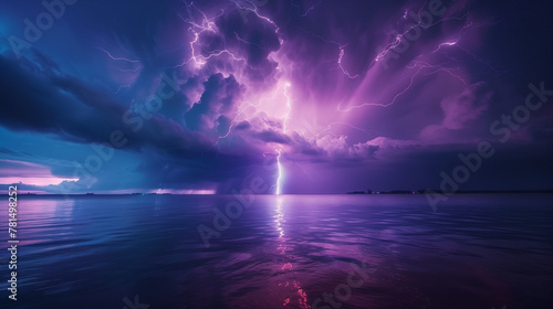 Thunderstorm with vivid lightning strike over ocean at night.