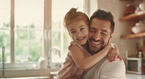 Father and daughter hugging, family love, smile and happy