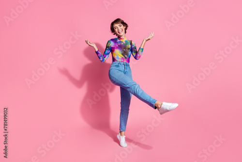 Full size photo of nice young woman enjoy clubbing wear pullover isolated on pink color background © deagreez
