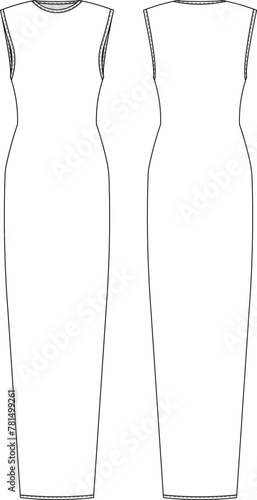 round neck crew neck sleeveless long maxi body-con dress template technical drawing flat sketch cad mockup fashion woman design style model
