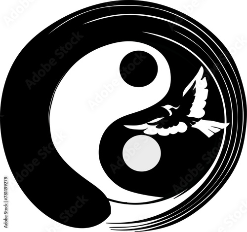 Ensō, a sacred Zen Buddhism symbol “The Circle of Enlightenment with a yin and Yang symbol inside and two doves, one white and one black, flying. Vector unique tattoo design, wall art, background 