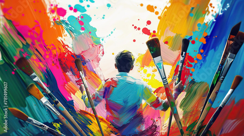 Vivid Verve: A colorful artist surrounded by vibrant paints and brushes, showcasing creativity in full bloom and artistic passion photo