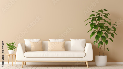 A minimalist living room with a white sofa, cushions, a wooden table, and a potted plant.