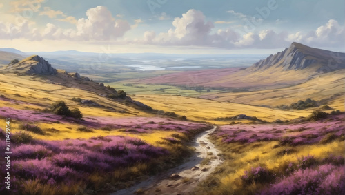 Moorland vista with heather and gorse in oil painting style.