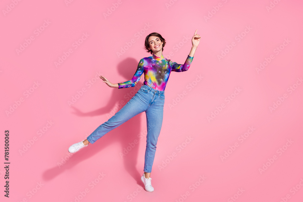 Full size photo of nice young woman direct finger empty space wear pullover isolated on pink color background - obrazy, fototapety, plakaty 