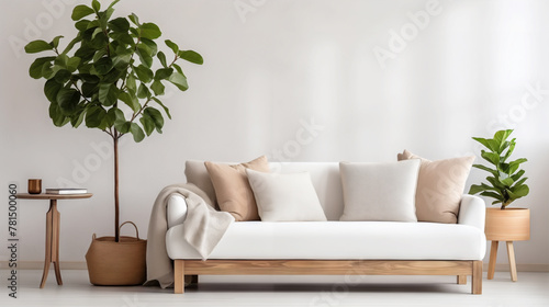 Bright and airy living space with a white sofa, beige pillows, and indoor plants. © Enigma