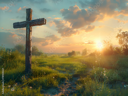 A wooden cross standing in a field with a dirt path leading up to it. The sun is setting in the background, The sky is filled with clouds, and the grass is tall and green