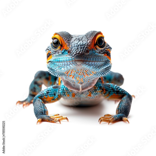 Blue and Orange Lizard on White Surface. Generative AI