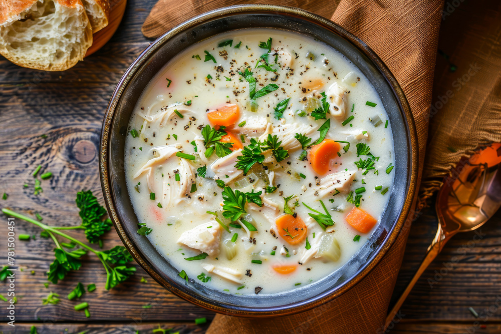 Delicious Bowl of Creamy Chicken Soup with Fresh Herbs