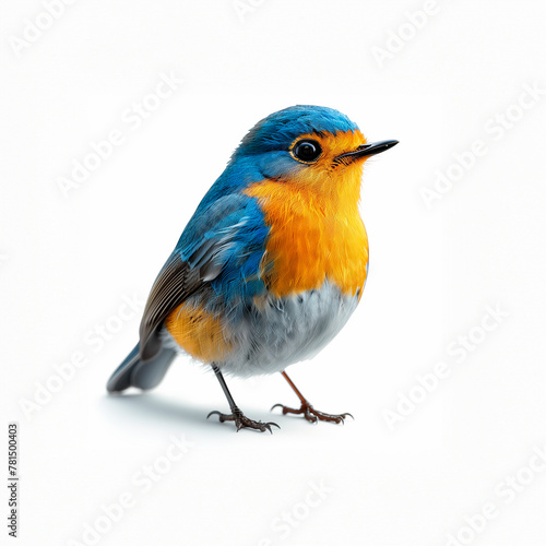 Small Blue and Yellow Bird on White Surface. Generative AI