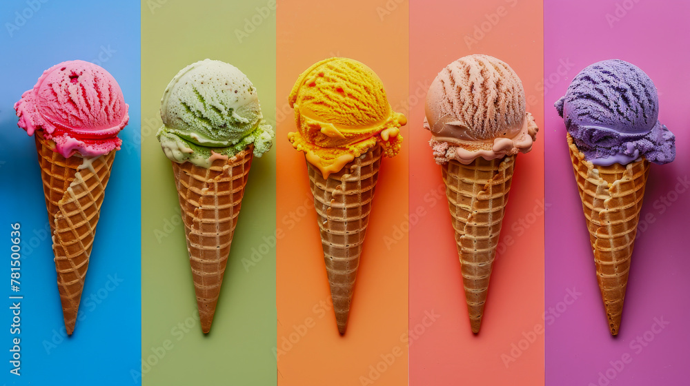 Variety of Colorful Ice Cream Scoops in Waffle Cones Variety of Colorful Ice Cream Scoops in Waffle Cones